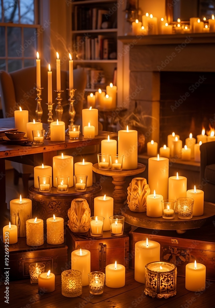 Obraz premium Large Collection of Decorative Candles on Wooden Table