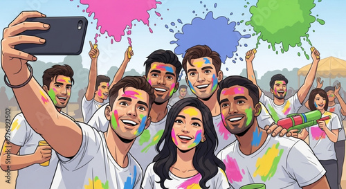 Diverse group of young friends celebrating holi festival with colorful powder and water balloons outdoors