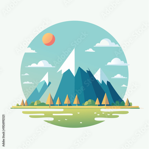 Vibrant Mountain Landscape Illustration with Sun and Clouds in Flat Design Style