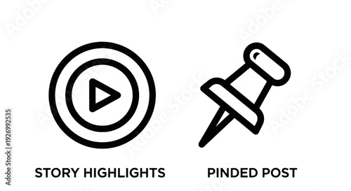 Video Story Highlights and Pinned Post Icon Set: Play Button symbol and Thumbtack for social media content