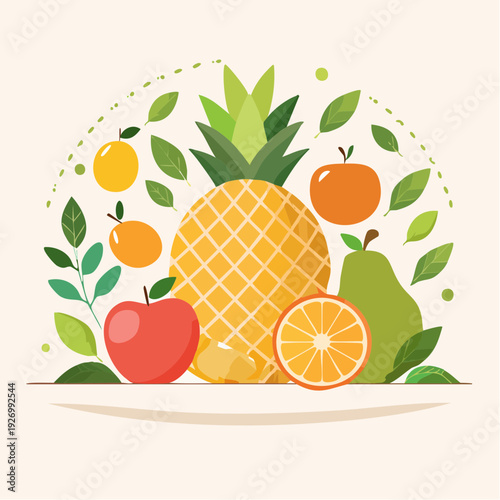 Colorful illustration of a fresh fruit composition with pineapple, apples, and oranges