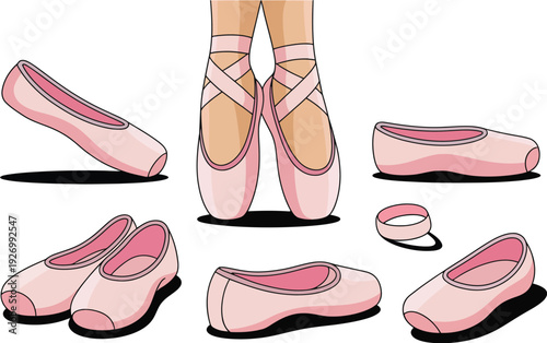 Ballet shoes illustration set in various pink styles and poses