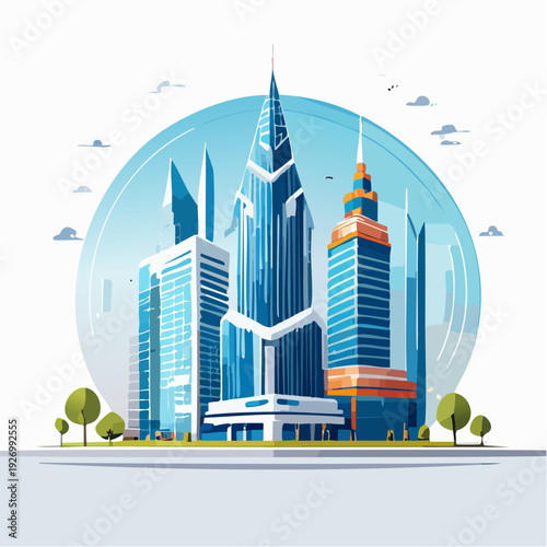 Futuristic Cityscape Illustration Inside a Protective Glass Dome with Green Spaces