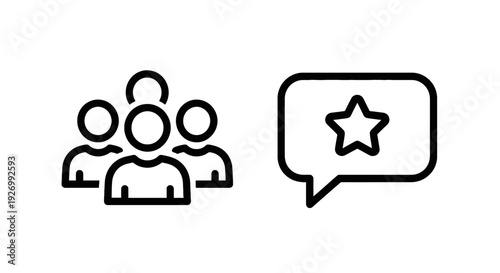 Teamwork and feedback icons with group of people and speech bubble with star, representing collaboration, customer reviews, and positive ratings