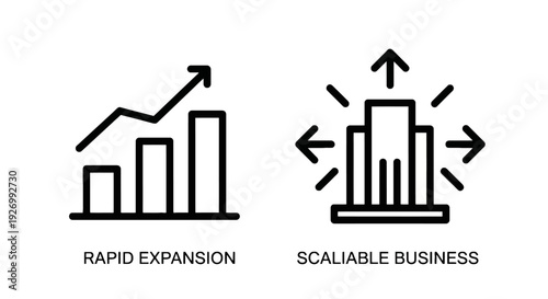 Rapid expansion and scalable business concepts shown with line art icons of upward trending graphs and radiating building blocks.