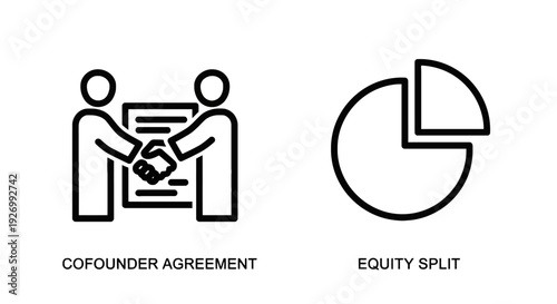 Cofounder agreement handshake icon and equity split pie chart, representing partnership deals and business ownership distribution.