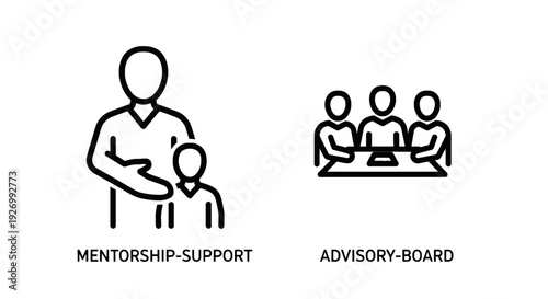 Mentorship support icon of adult and child and advisory board meeting icon, representing guidance, learning, and team collaboration.