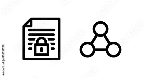 Secure document icon with lock and sharing network icon, symbolizing data security, privacy, and information exchange.