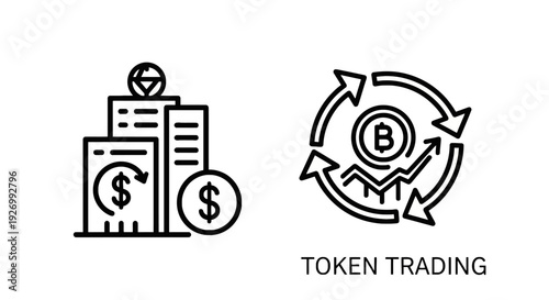 Building icons with dollar signs and circular trading chart icon, representing financial growth, token trading, and investment.