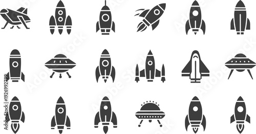 Rocket and spaceship silhouettes collection featuring space rockets, UFOs, and launch vehicles, isolated on white background, for futuristic space design
