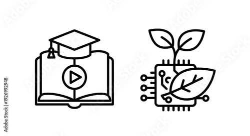 Icons depicting e-learning with graduation cap on open book and green technology innovation with circuit board and plant sprout.