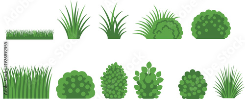 Set of green grass and garden bushes isolated on white background landscaping foliage plants vector illustration collection for design