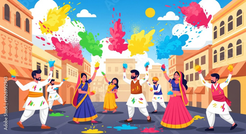 People celebrating holi festival with colorful powder in street