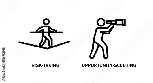 Minimalist icons: person walking on a tightrope symbolizing risk-taking, and another person looking through a telescope for opportunity scouting.