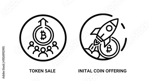 Blockchain and Cryptocurrency Icons: Token Sale with a Bitcoin symbol and group of people, Initial Coin Offering with a rocket launching.