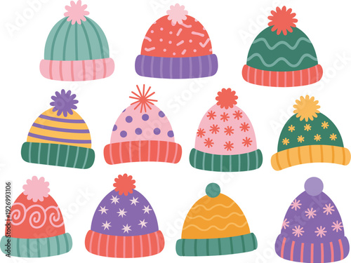 A colorful illustration of winter hats in various patterns and designs
