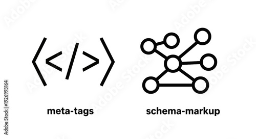 Meta Tags and Schema Markup Line Icons: Website Optimization, SEO, and Structured Data for Digital Content Concepts