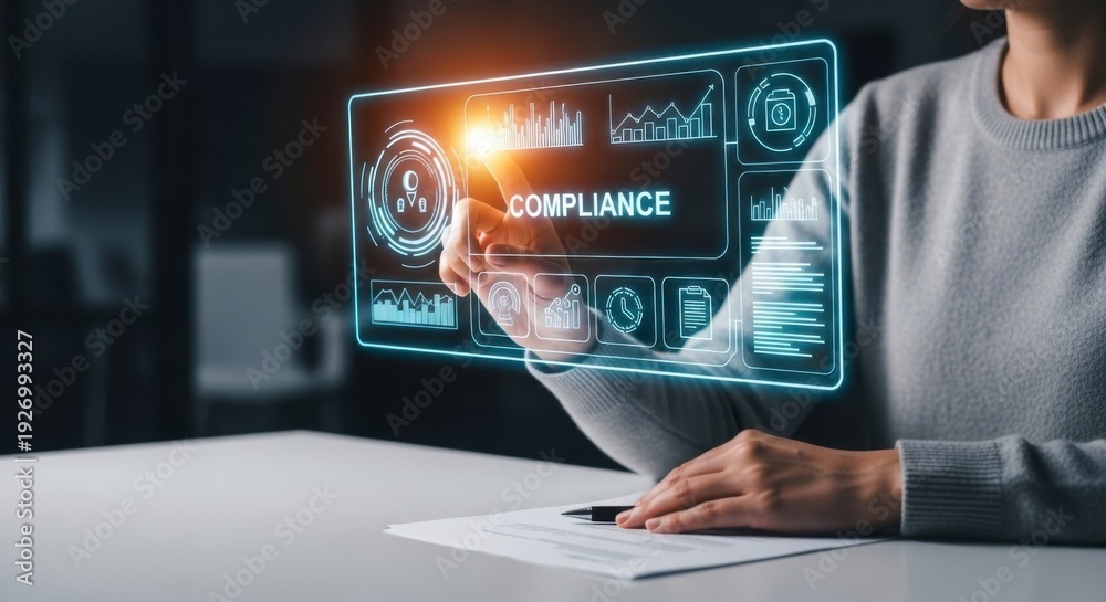 Obraz premium Professional examining digital compliance interface on a transparent screen