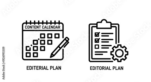 Organized black and white line icons for Content Calendar and Editorial Plan, crucial for content marketing and strategy.