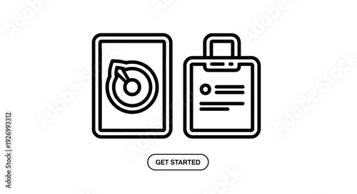 Engaging black and white line icon representing "Get Started" or project initiation, featuring a target scope and a clipboard.