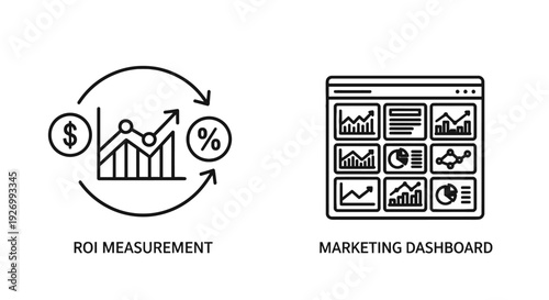 ROI Measurement and Marketing Dashboard Icons for Business Analytics, Financial Performance, and Strategic Planning
