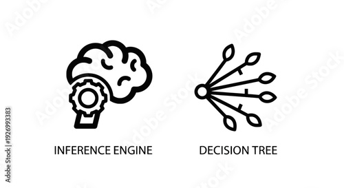 Inference Engine and Decision Tree Icons: Artificial Intelligence Reasoning and Machine Learning Analytics