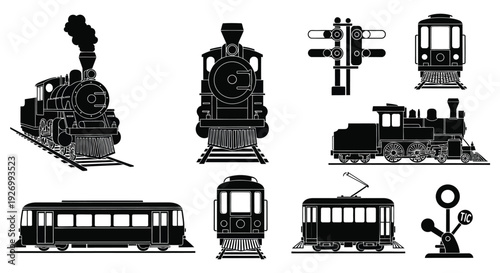 A collection of vintage trains and railway equipment depicted in a stark black silhouette high quality professional detailed modern elegant stylish