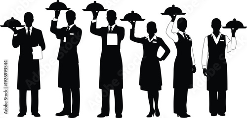 Waiter and waitress silhouette set, restaurant service staff holding tray uniform hospitality catering professional server isolated illustration on white background