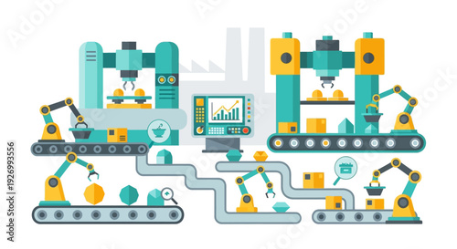 Smart Factory Automation System: Robotic Production Line with Conveyor Belts, Machines, and Central Control Panel for Efficient Manufacturing