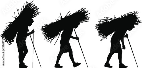Man carrying large bundles of straw in different walking silhouettes