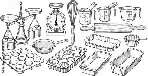 Professional Vintage Line Art Illustration Set Featuring Baking Scales Measuring Cups Loaf Pans Muffin Tins Whisk and Traditional Kitchenware