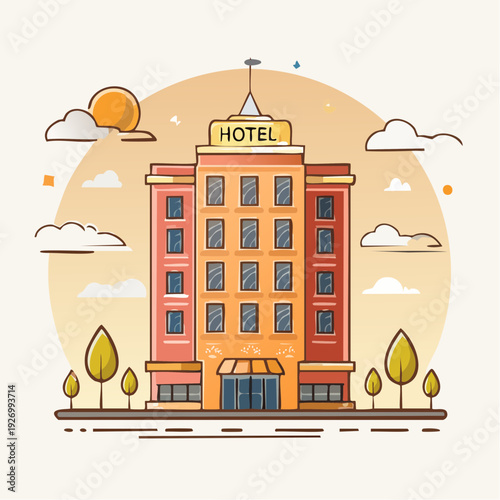 Vibrant Flat Design Hotel Building Illustration with Sunny Sky and Clouds, Ideal for Travel Accommodation and Hospitality Concepts