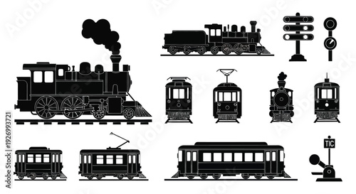 A collection of vintage trains and railway signals depicted in a striking black silhouette high quality professional detailed modern elegant stylish