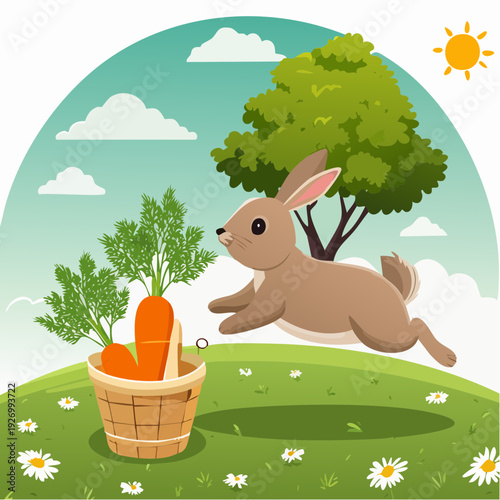 Cute bunny chasing a basket of fresh carrots in a sunny meadow