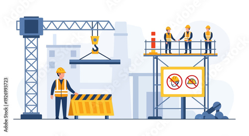 Construction Site Safety Illustration: Workers, Crane, Scaffolding, PPE, and Warning Signs. Emphasizing Occupational Health and Hazard Prevention.