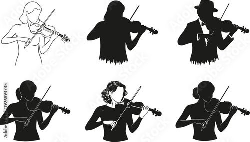 Violin vector silhouettes of musicians playing the instrument in various styles