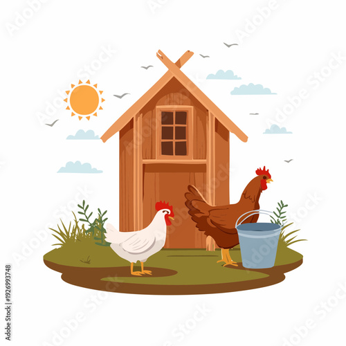 Vibrant Countryside Scene with Happy Chickens and Rustic Coop under Bright Sun, Ideal Farm Life Illustration