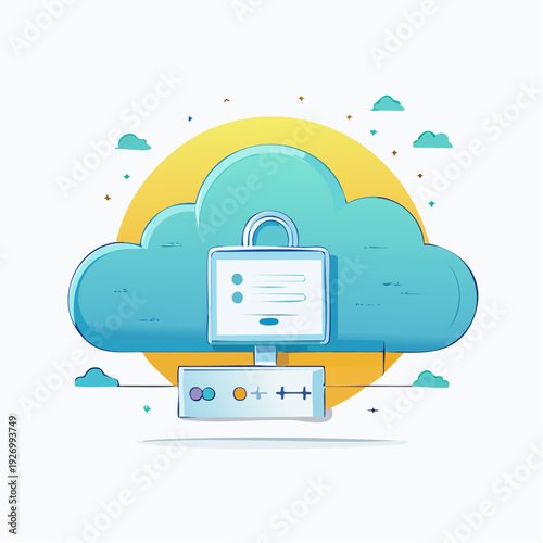 Secure Cloud Computing Concept Digital Data Protection and Online Privacy, Represented by a Padlock on a Cloud Server Icon