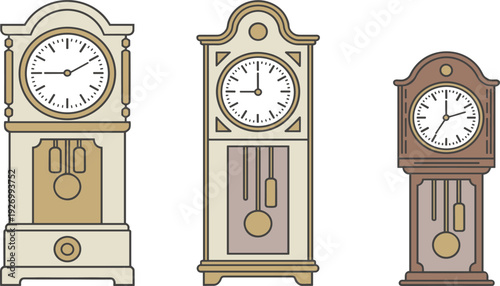 Antique grandfather clock vector set featuring vintage longcase designs, wooden pendulum cabinets, and classic analog timepieces