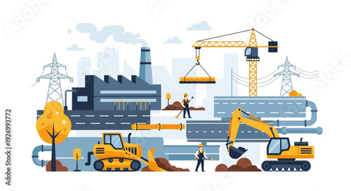 Industrial Construction Site with Heavy Machinery and Workers - Infrastructure Development Flat Design Vector