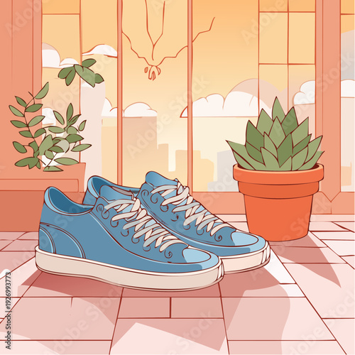 A pair of blue canvas shoes on a tiled floor by a sunny window with a city view