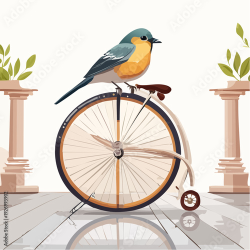 Charming Bird Perched on a Vintage Bicycle with Classical Columns in the Background
