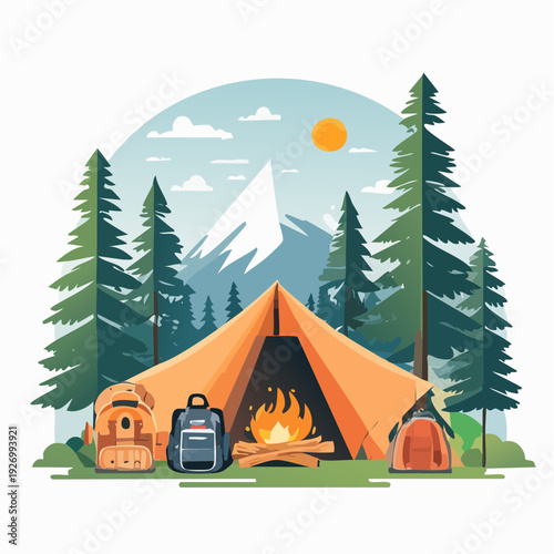 Vibrant camping illustration with tents, backpacks, and campfire in a forest landscape