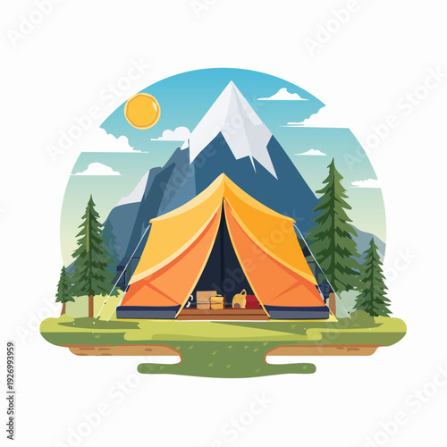 Scenic outdoor camping adventure illustration with a tent and mountain view