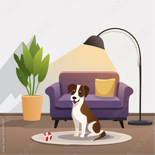 A cheerful brown and white dog happily sits on a soft rug in a warm, inviting living room setting