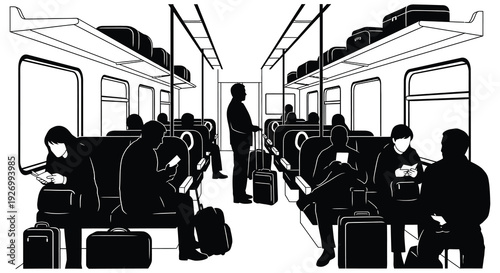 A black and white illustration depicts passengers and a conductor inside a train car displaying a striking silhouette high quality professional