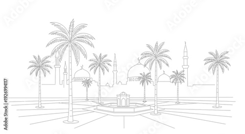 Serene mosque scene with palm trees in a peaceful setting