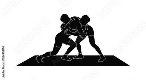Two athletes intensely grapple in a wrestling match locked in close combat during rigorous competition silhouette high quality professional detailed modern