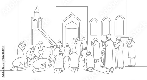 Muslim men praying together in mosque with traditional robes