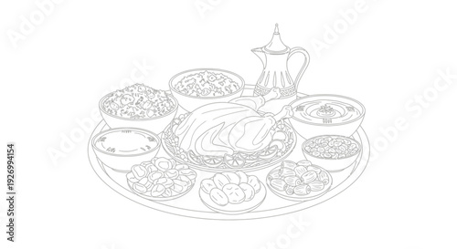 Delicious traditional Middle Eastern feast with roasted turkey and various side dishes